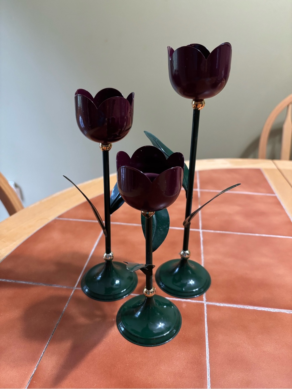 Decorative Metal Tulip Candle Holders - Dark Purple and Green